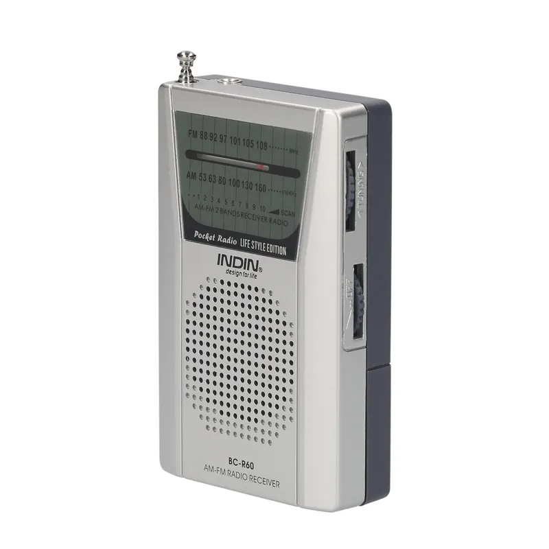 INDIN BC-R60 AM FM Batteridriven portabel fickradio Miniradio Musikspelare silver