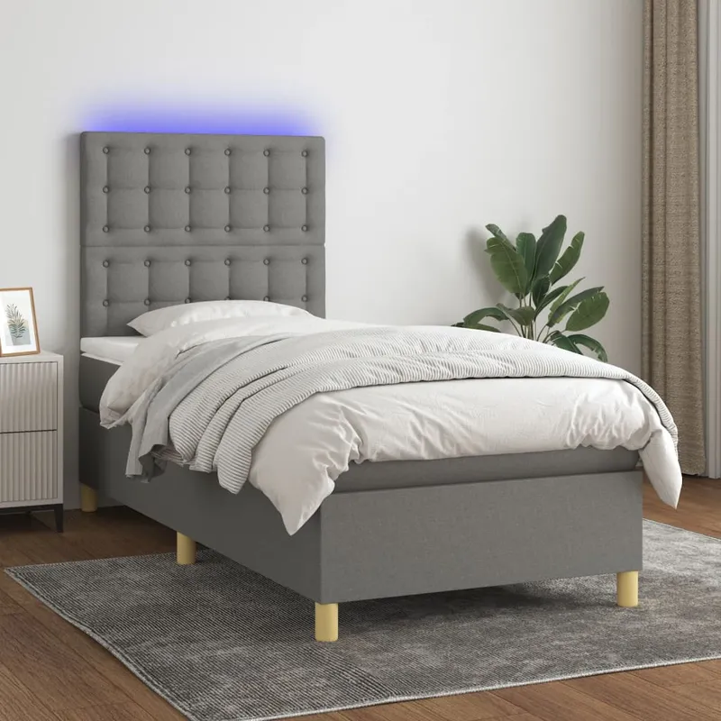 vidaXL Ramsäng med madrass & LED mörkgrå 90×190 cm tyg (#2422)