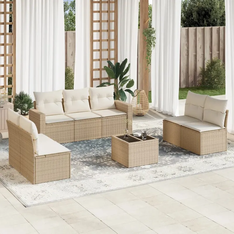 vidaXL Matgrupp för trädgården med dynor 8 delar beige konstrotting (#4296)