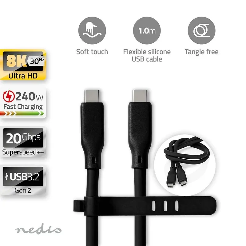 USB-kabel | USB 3.2 Gen 2 | USB-C™ Hane | USB-C™ Hane | 240 W | 8K@30Hz | 20 Gbps | Nickelplaterad | 1.00 m | Rund | Silikon | S