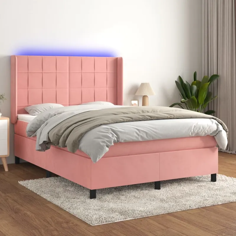 vidaXL Ramsäng med madrass rosa & LED 140×190 cm sammet (#1732)