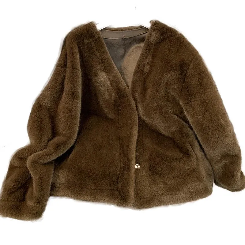 Ny Miljøvennlig Pels Europeisk Mink Plysjkåpe Imitasjonskåpe Mink Dame Kort Koreansk Stil Slankende En one size fits all brun