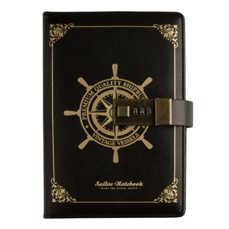 Vintage Journal Diary with Lock B6 PU Cover Retro Notebook 3-siffrigt lösenordskombinationslås svart