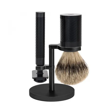 ROCCA Jet Black Stainless Steel Shaving Set Silvertip