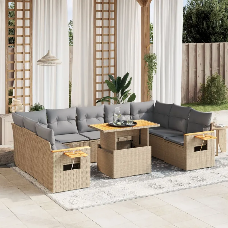 vidaXL Soffgrupp för trädgård med dynor 10 delar beige konstrotting (#4541)