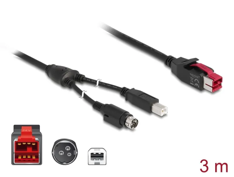 Delock PoweredUSB-kabel hane 24V till USB-B hane+Hosiden Mini-DIN 3-polig hane 3m
