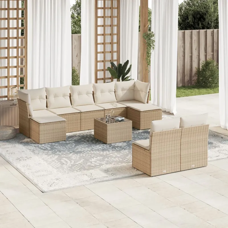 vidaXL Soffgrupp för trädgård med dynor 10 delar beige konstrotting (#8790)