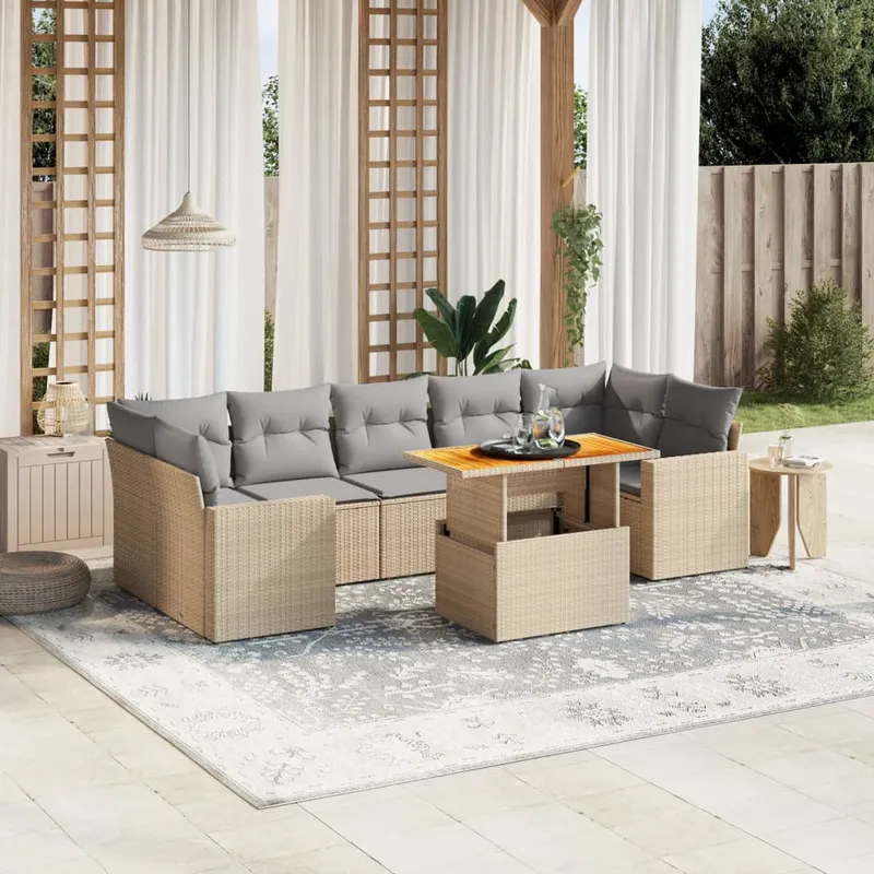 vidaXL Matgrupp för trädgården med dynor 8 delar beige konstrotting (#0187)