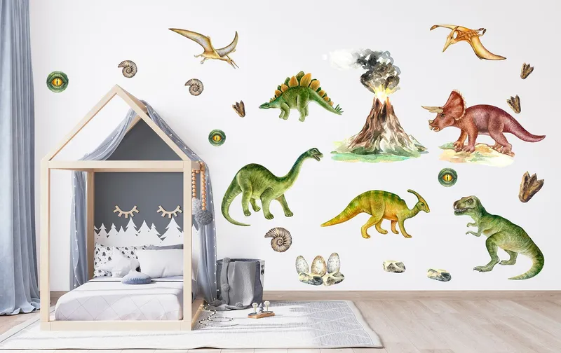 Väggdekal – Dinosaurie och vulkan