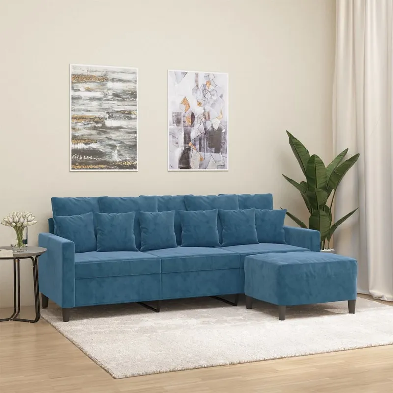 vidaXL 3-sitssoffa med fotpall blå 180 cm sammet (#0838)