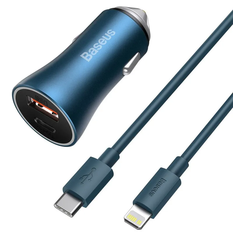 Baseus Golden Contactor Pro car charger USB + USB-C QC4.0+ PD SCP 40W (blue) + USB-C – Lightning cable 1m (blue)