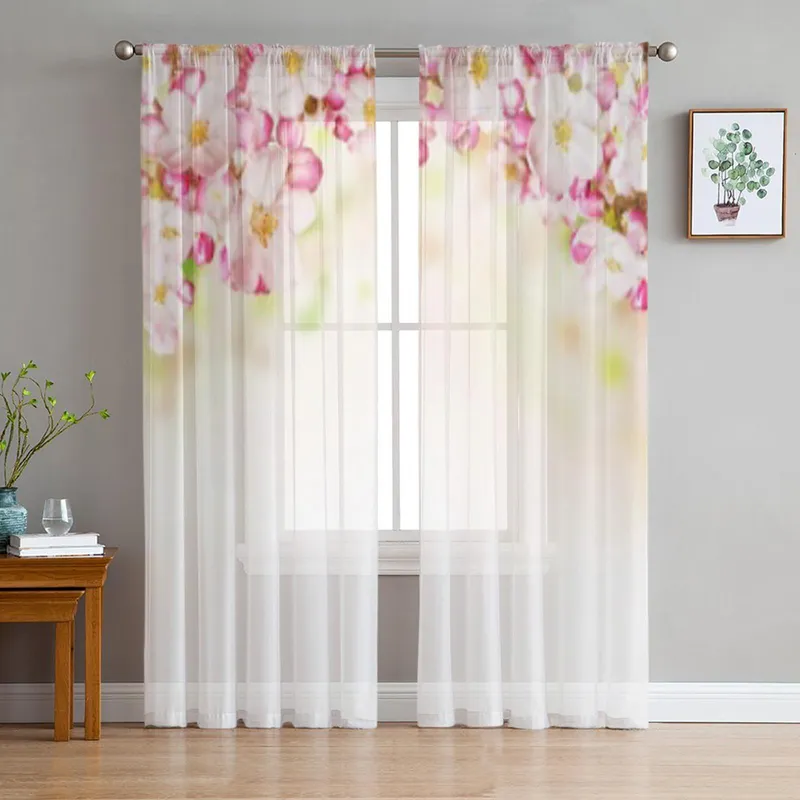 Kirsebærblomster Over Uskarp Natur Blomst Tyll Gjennomsiktige Gardiner for Stue Kjøkken Dekorasjon Voile Organza Gardiner 135W x 114H(cm)