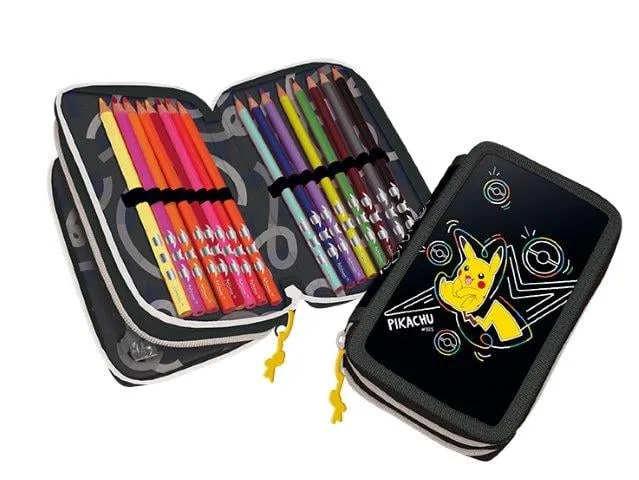 Pokémon Pikachu och Pokéball pennfodral – 2 fack med innehåll – 19,5×12,5 cm