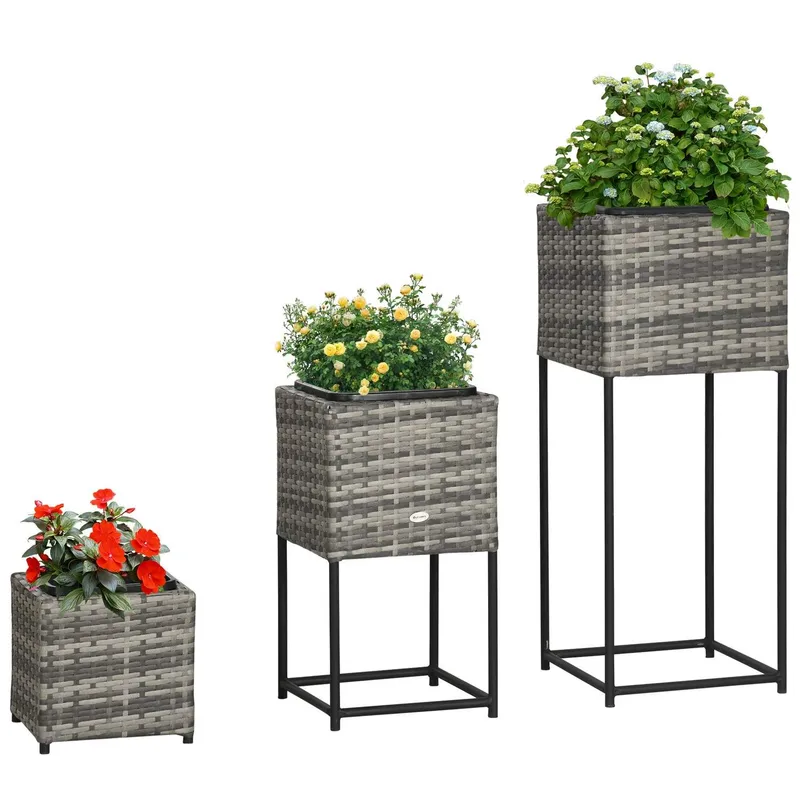 Grå Rotting Blomlåda med Stativ och Dränering