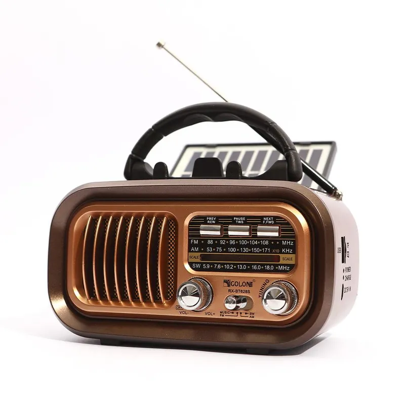 Vintage Solradio 3-bands Bärbar Radio FM/AM/SW Inställningsratt Multifunktionell BT-högtalare Stöd brun