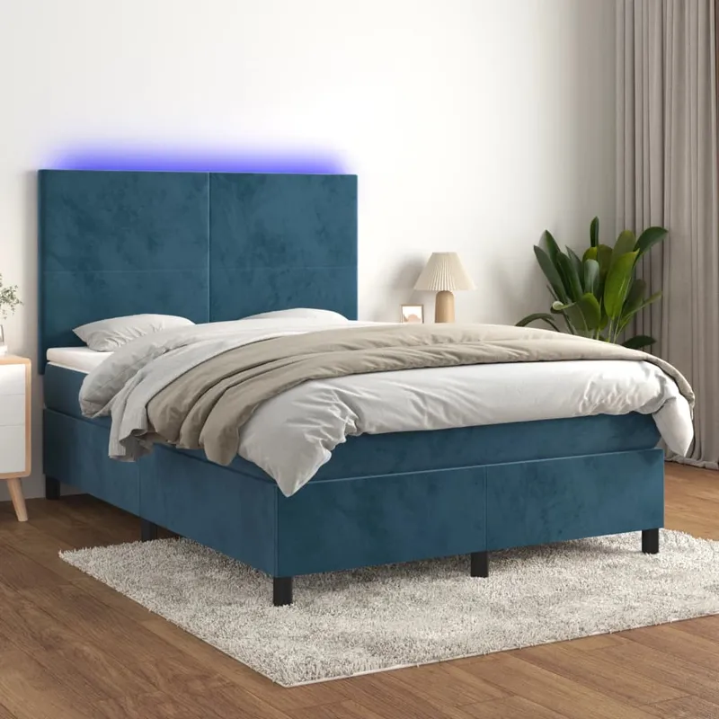 vidaXL Ramsäng med madrass & LED mörkblå 140×200 cm sammet (#5331)