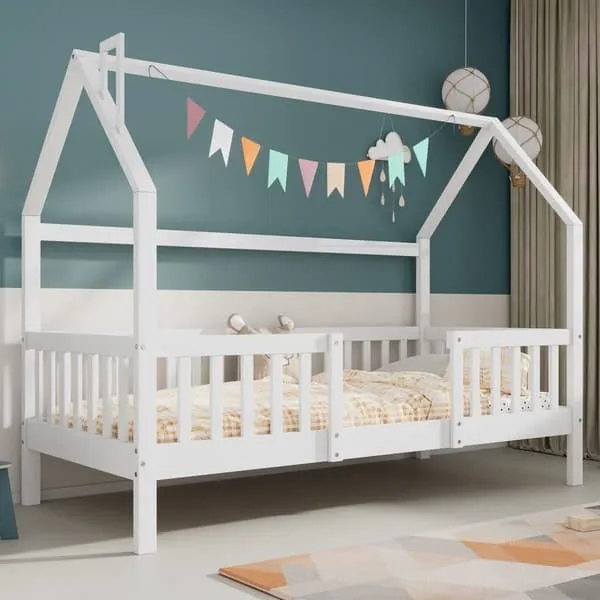 Loftsäng i trä – 90×200 cm – med lamellram – vit