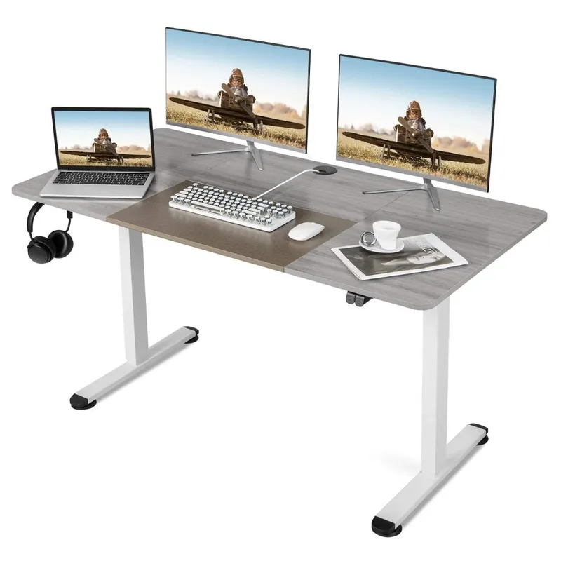 140 x 70 cm Elektriskt höjdjusterbart skrivbord med stoppmekanism & krokgrå