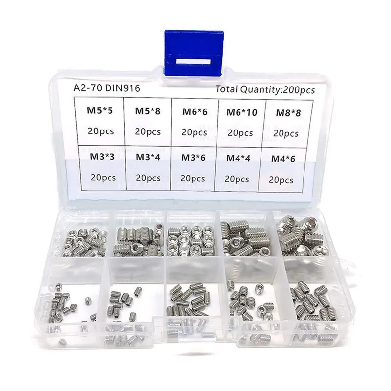 200 st sexkantsskruvar set med skruvar 304 rostfritt stål M3/M4/M5/M6/M8 grubskruv sortiment silver
