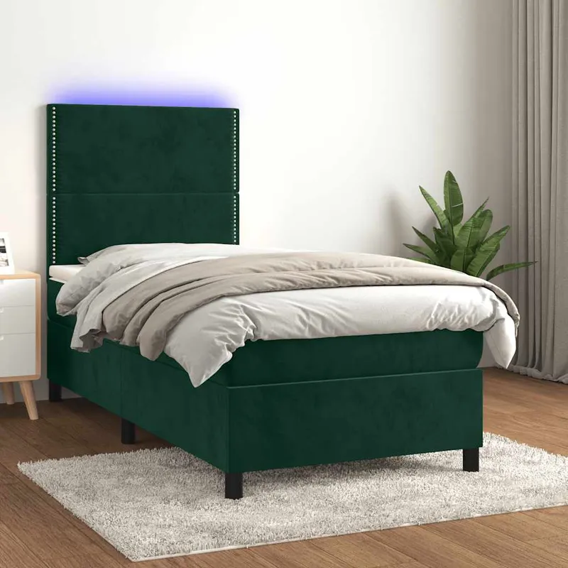 vidaXL Ramsäng med madrass & LED mörkgrön 90×190 cm sammet (#5621)