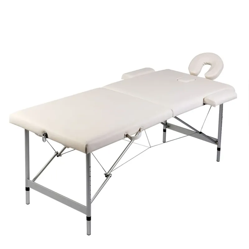 Hopfällbart massagebord med 2 zoner och aluminiumram, krämfärgat vitt
