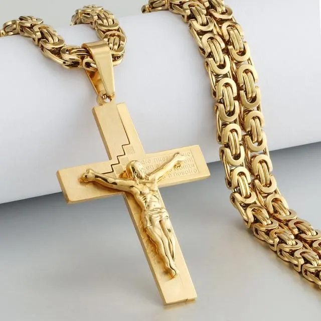 Heavy Duty Cross Pendant Halsband Herr Guld Rostfritt Stål Bysantinsk Kedja Herr Halsband 65cm (#6629)