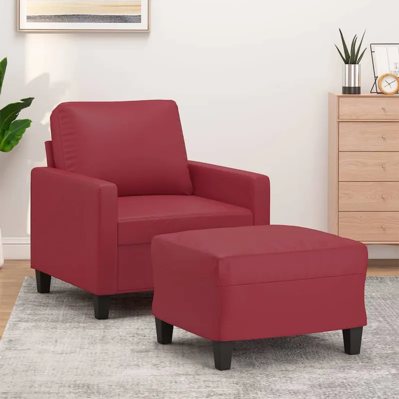vidaXL Fåtölj med fotpall vinröd 60 cm Konstläder (#9894)