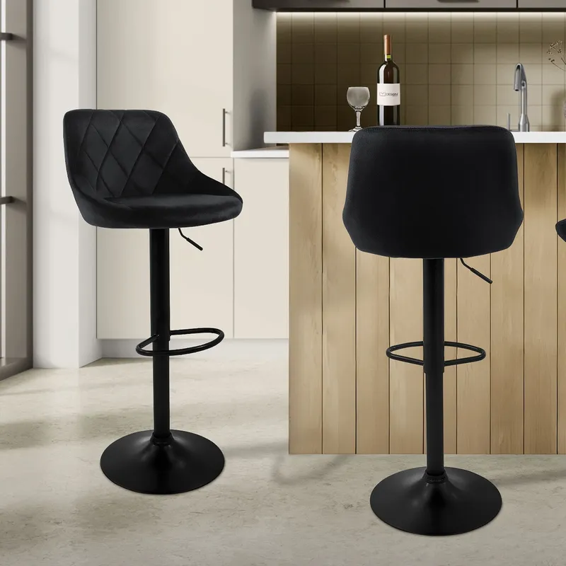 Barstol set om 2 svart sammetsöverdrag med ryggstöd och fotstöd höjdjusterbar 62-82cm ML-Design