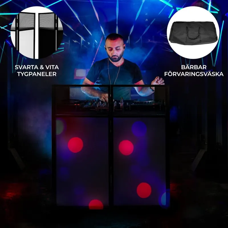 DJ-bås Booth Discjockey Hylla Vikbar Bärbar Skärm Bord Pulverlackerat Stål Paneler 1 x Svarta & 2 x Vita Dukar Förvaringsväska Säkert Handtag Komplett