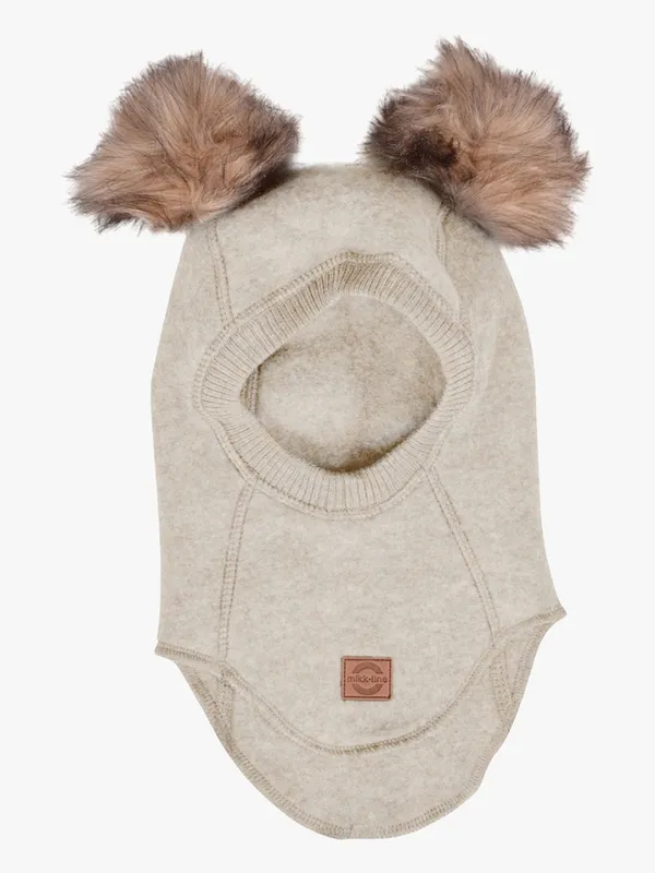 Mikk-Line Balaklava Merinoull med Pompoms, Melange Offwhite, 74-80