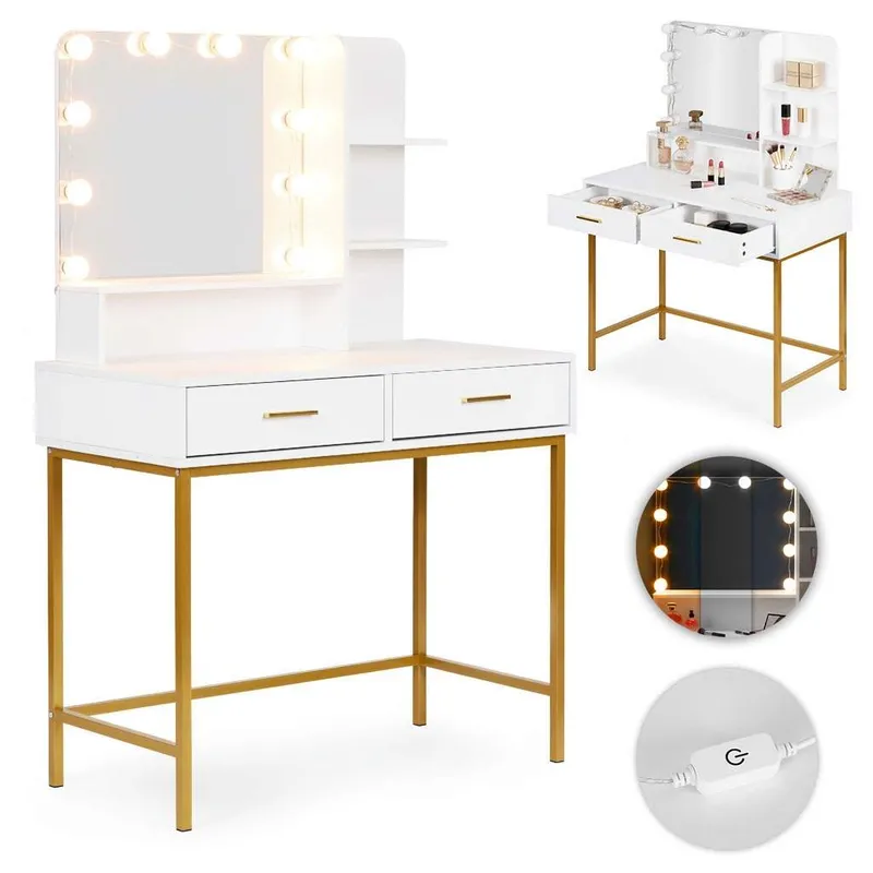 Stort sminkbord med spegel och LED-belysning, 3 färger, lådhyllor, ModernHome