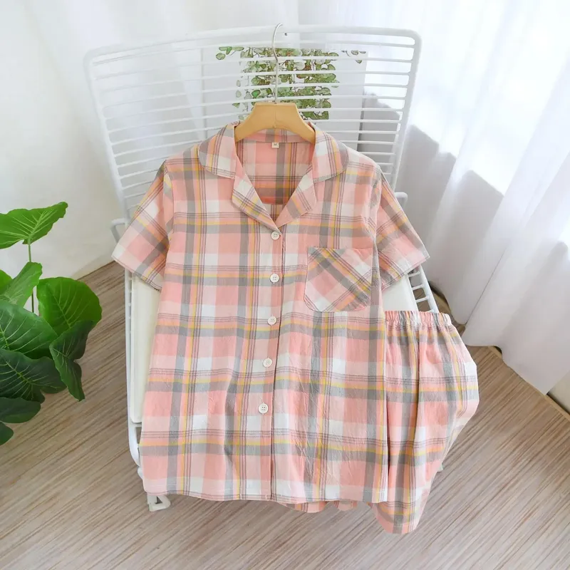 Nytt 100% Bomull Kortarmet Shorts Dame Pyjamassett Søt Tegneserie Pyjamas Japansk Enkelt Kort Pyjamas Dame Nattøy L (#4620)