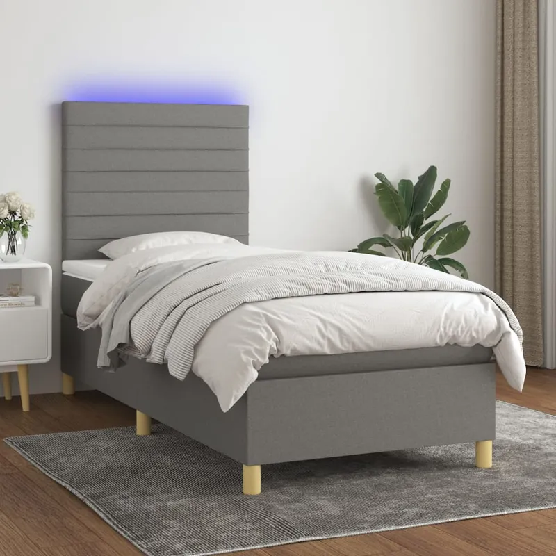 vidaXL Ramsäng med madrass & LED mörkgrå 90×190 cm tyg (#0022)