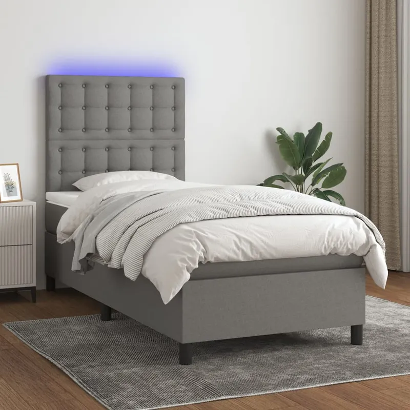 vidaXL Ramsäng med madrass & LED mörkgrå 90×190 cm tyg (#6827)