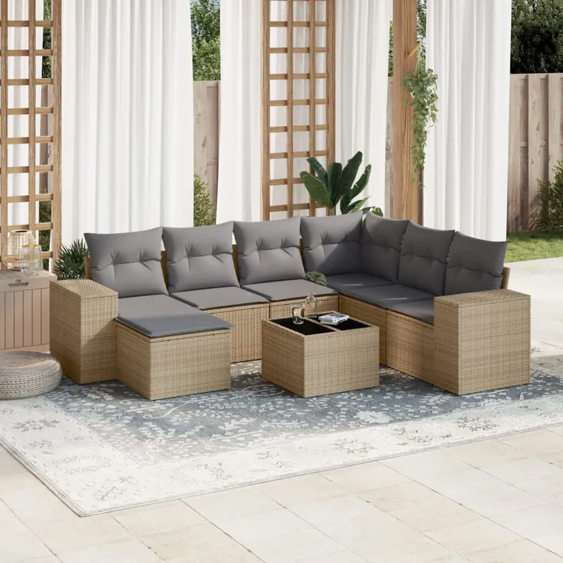 vidaXL Matgrupp för trädgården med dynor 8 delar beige konstrotting (#2219)