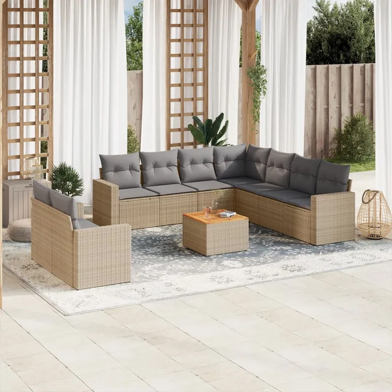 vidaXL Soffgrupp för trädgård med dynor 10 delar beige konstrotting (#0537)