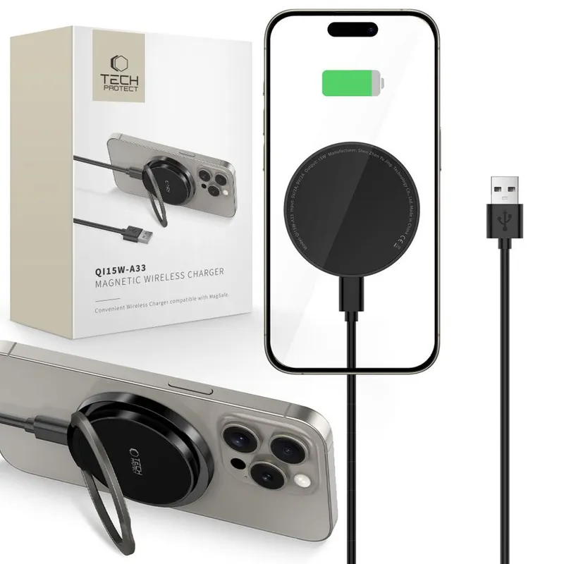 Tech-Protect QI15W-A33 Inductive Charger with MagSafe and Stand with USB-A / USB-C Cable - Black