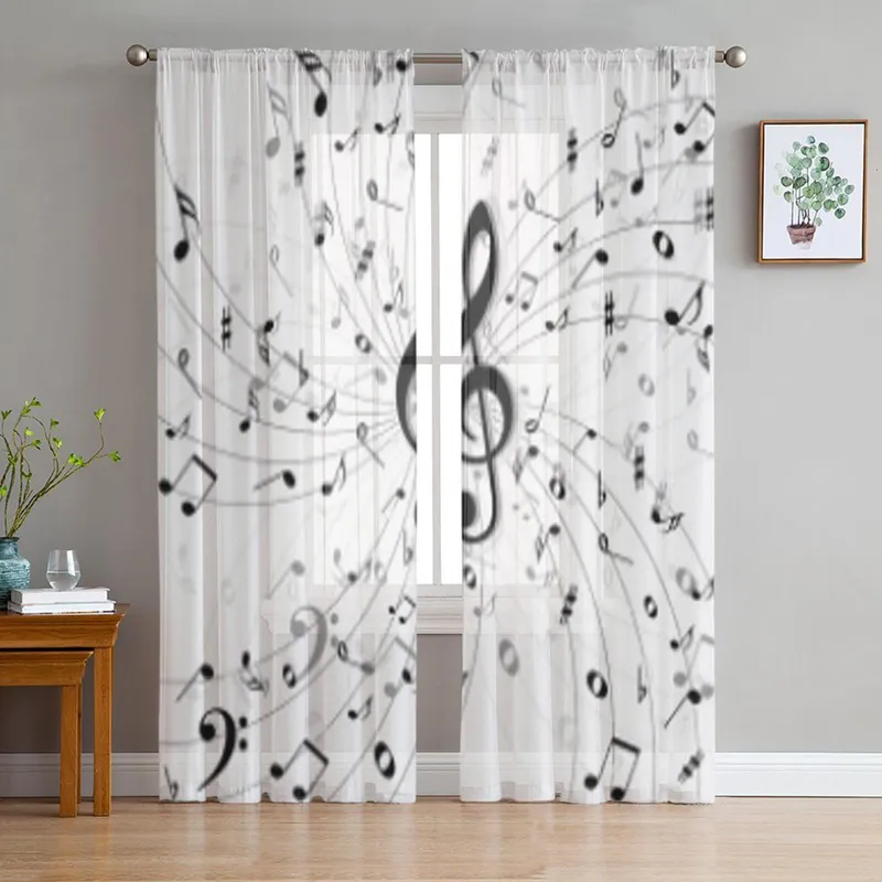 Musikk Svart Hvit Tyll Gjennomsiktige Vindusgardiner For Stue Soverom Moderne Chiffon Voile Organza Gardiner Dekor Draperier 135W x 114H(cm) (#8760)