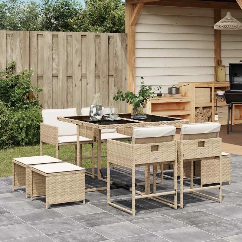vidaXL Matgrupp för trädgården med dynor 9 delar beige konstrotting (#7760)