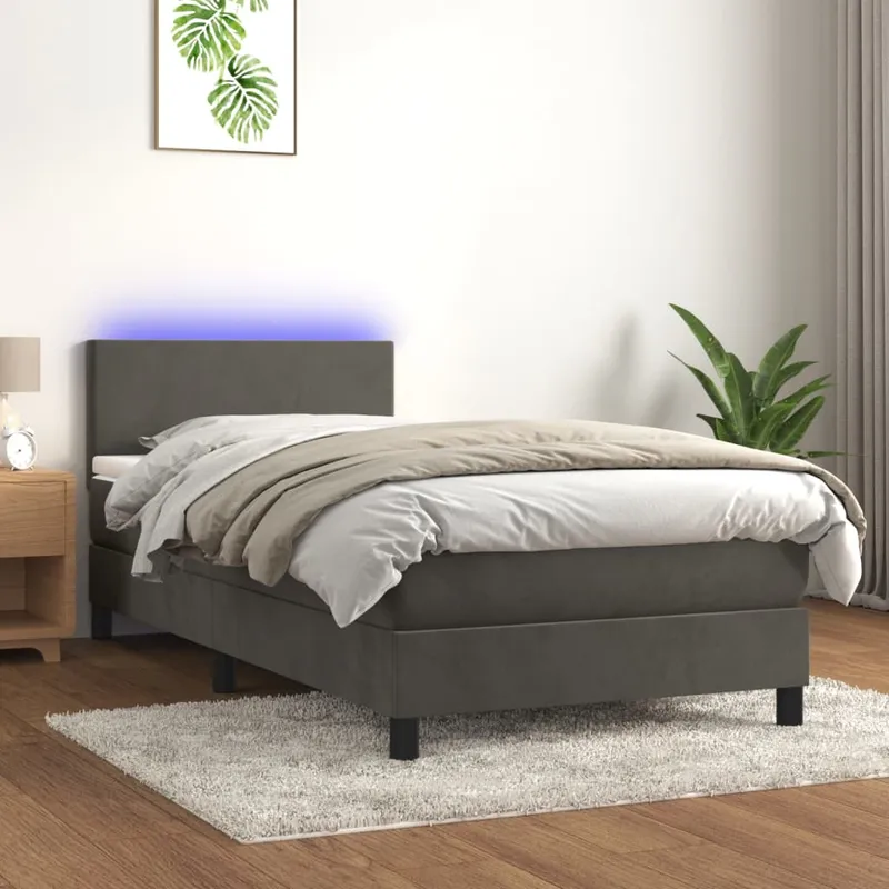 vidaXL Resårsäng med madrass och LED mörkgrå 90×200 cm sammet (#7863)