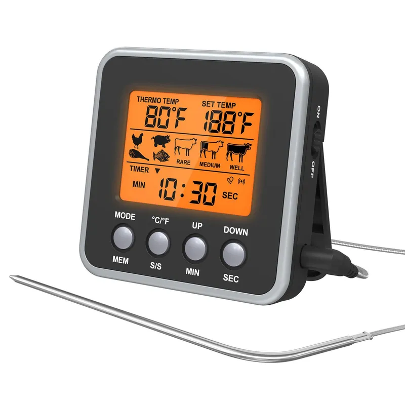 Orange Bakgrundsbelyst LCD digital mattemperaturmätare Tillagningskötttermometer med temperatursond, svart