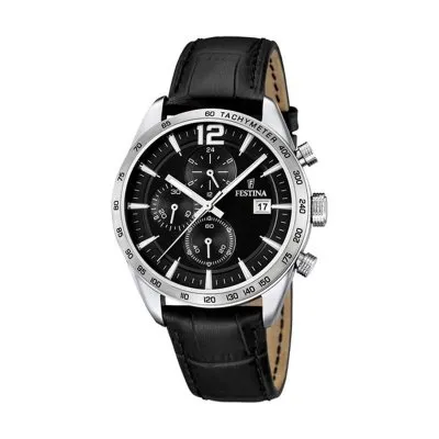 Festina Timeless Kronograf Läderarmband Svart Urtavla Kvarts F16760-4 Herrklocka svart