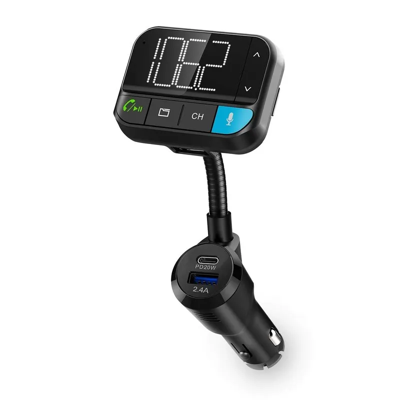 Bil FM-sändare | Svanhals | Handsfree-samtal | 2 ” | Svart vit skärm | Bluetooth® | PD 20 W / QC 3.0 | Snabbladdning | Basförstä