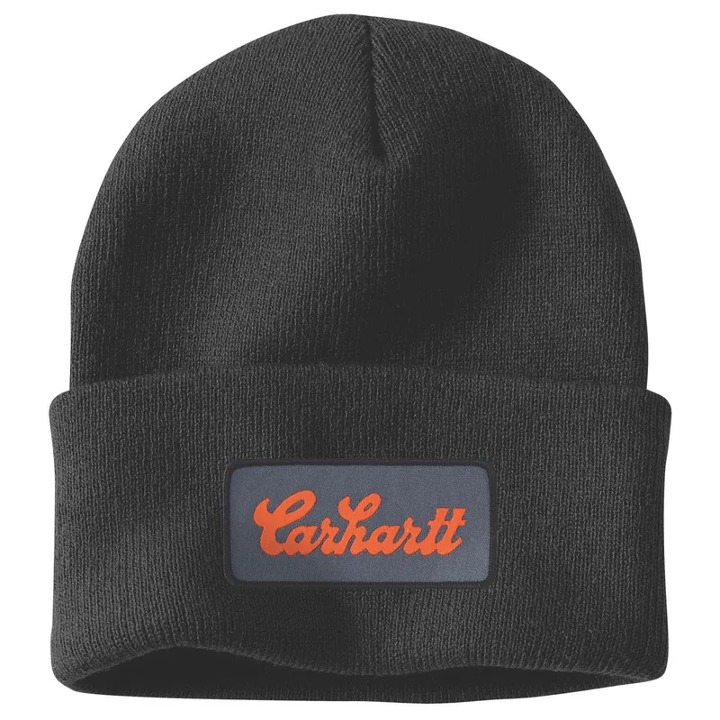 Carhartt Men’s Knit Cuffed Script Patch Beanie Black