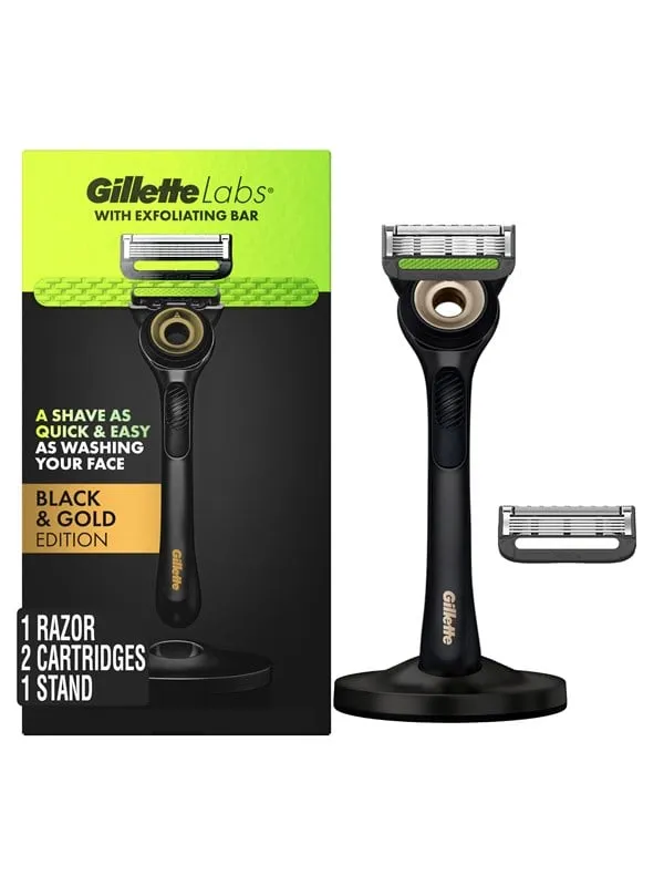 Gillette Exfoliating Bar Razor Black and Gold Edition (2 Cartridges + Handle + Stand)