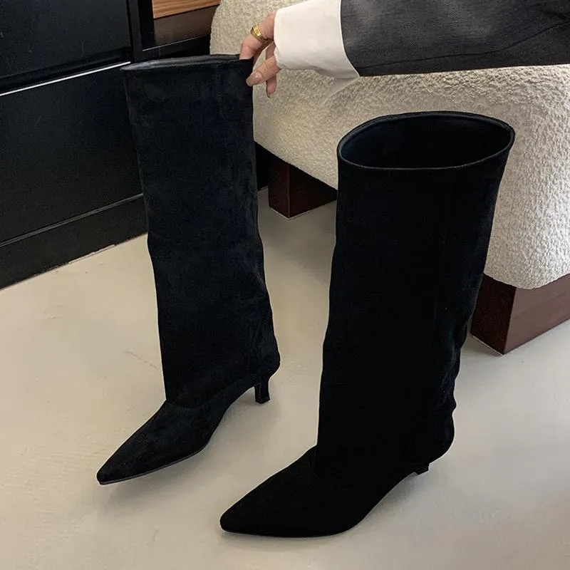 Liyke Høst Vinter Sexy Dame Knehøye Støvletter Street Style Spiss Tå Tynne Lave Hæler Cowboy Damesko Lange Botas De Mujer 35 Svart