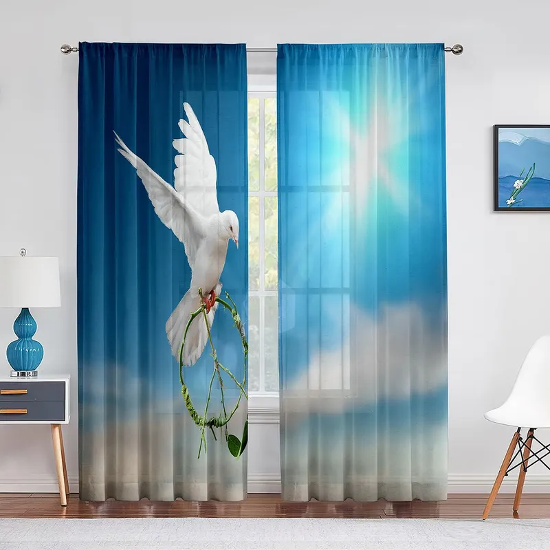Hvit Due Fugl Fred og kjærlighet på jorden bånd Tyllgardiner for stuedekor Sifon Skjær Voile Kjøkken Soveromsgardin 1 PCS W100XH250cm&Grommet Top