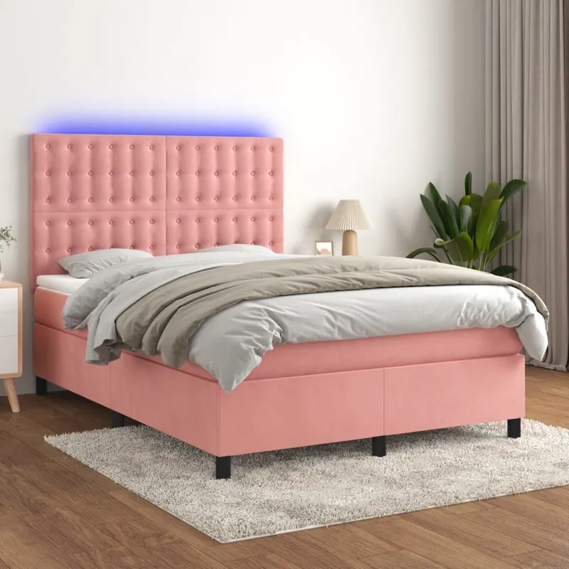 vidaXL Ramsäng med madrass rosa & LED 140×190 cm sammet