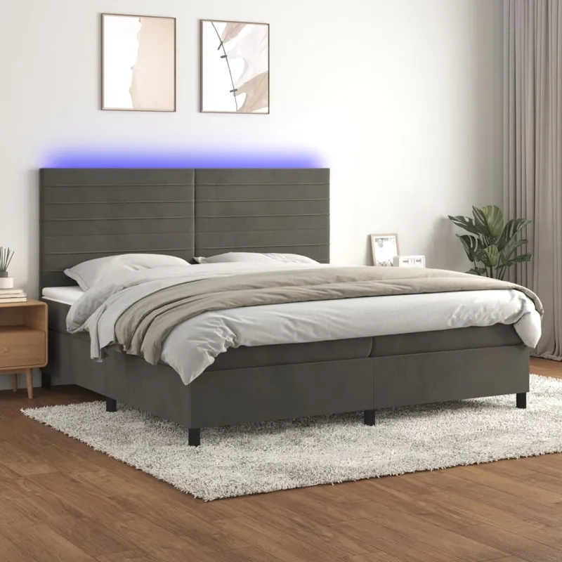 vidaXL Ramsäng med madrass & LED mörkgrå 200×200 cm sammet (#7281)
