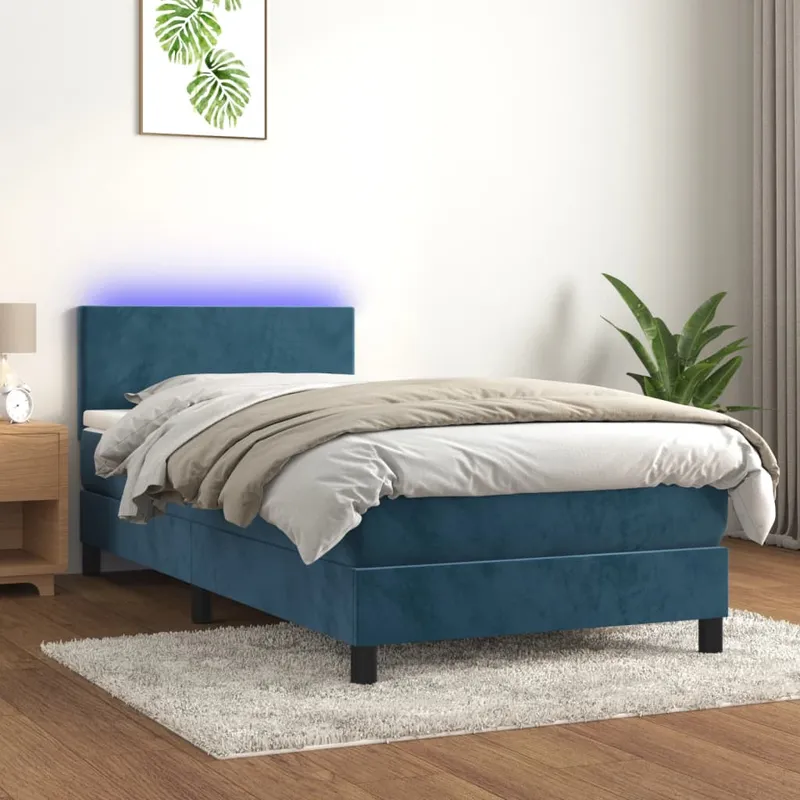 vidaXL Resårsäng med madrass och LED mörkblå 90×200 cm sammet (#7894)